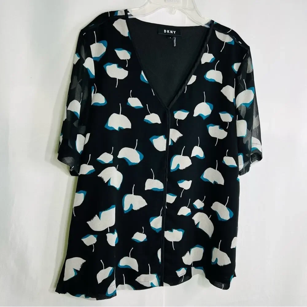 DKNY Floral Print V-Neck Elbow Sleeve L